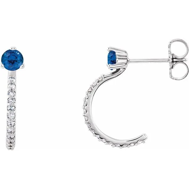 Blue Sapphire & Diamond Round J-Hoop Earrings | 9K White Gold - 9k White Gold / 0.80 Carat / Lab-Grown-AAA: the shop's own photo