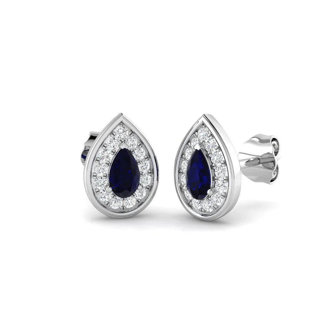 Pear Cut Blue Sapphire Diamond Stud Earrings | Luxury Gemstone Jewellery | 9K White, Yellow & - 9k Rose Gold / 1.00 Carat / Natural Diamond(F-VS): the shop's own photo