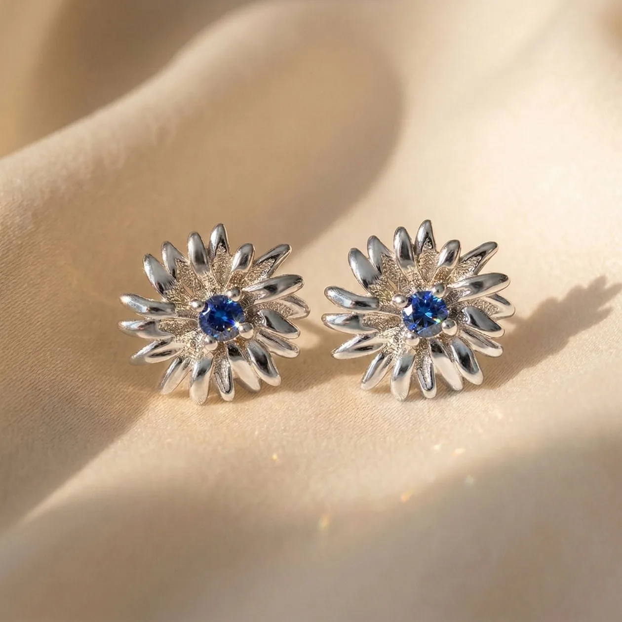 Sterling Silver Sapphire September Birthstone Aster Birthflower Stud Earrings: the shop's own photo