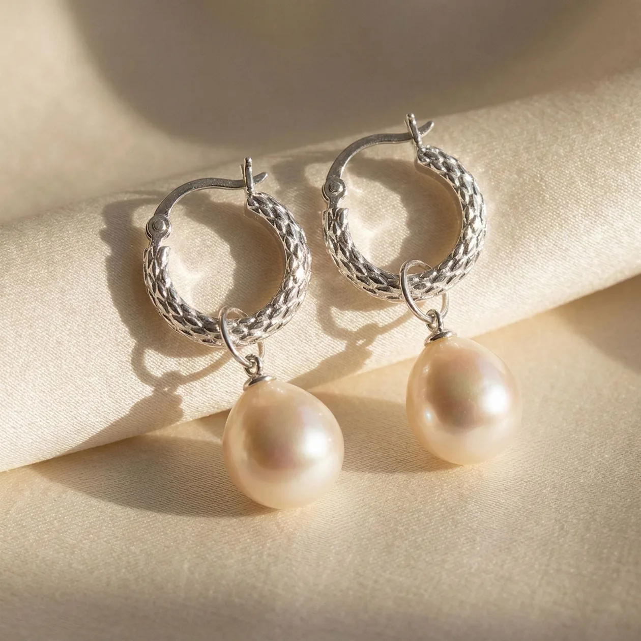 Elegant Sterling Silver Basket Weave Hoop Earrings with Freshwater Pearl Charm: the shop's own photo
