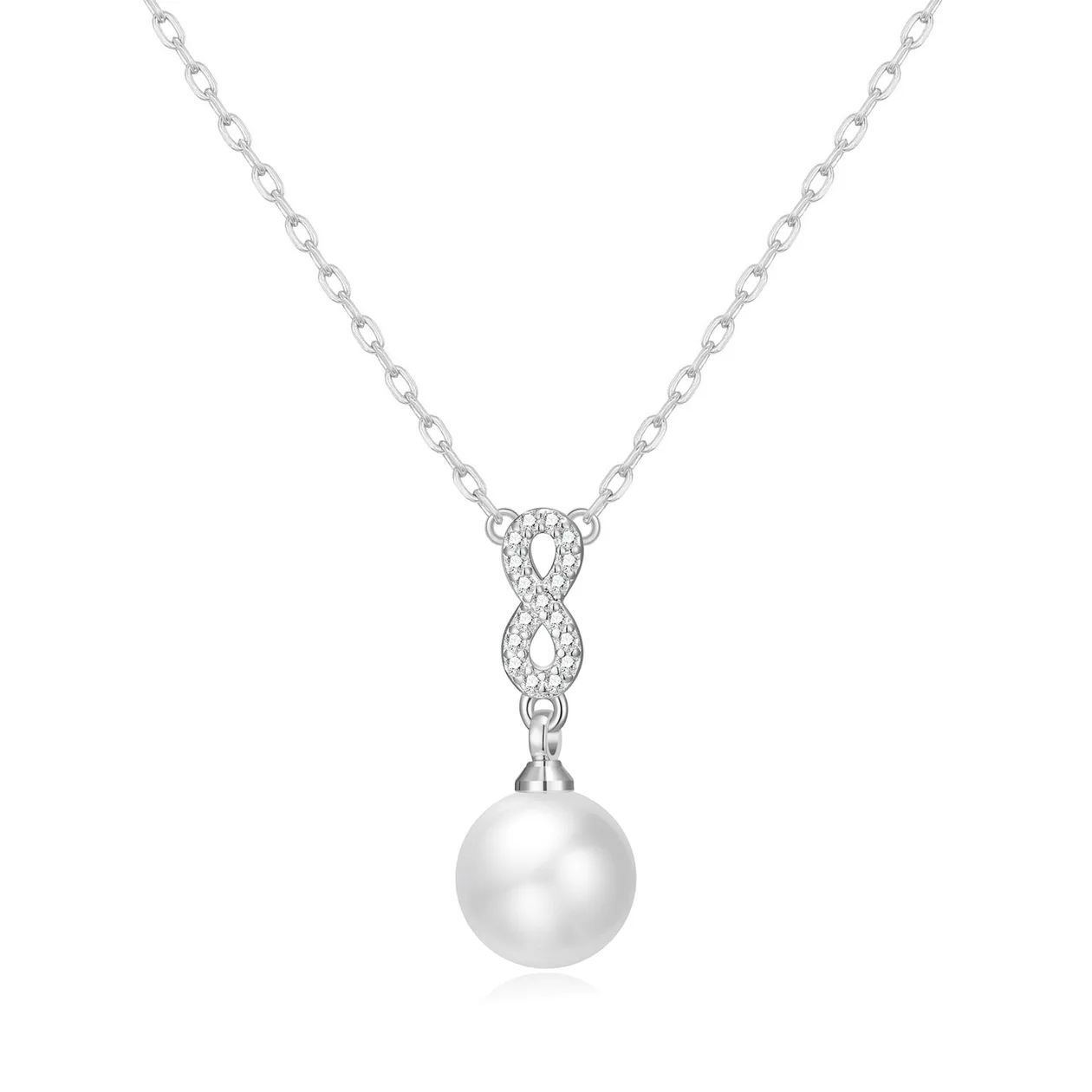 Silver Plated Infinity Pearl Drop Necklace Created with Zircondia® Crystals: the shop's own photo
