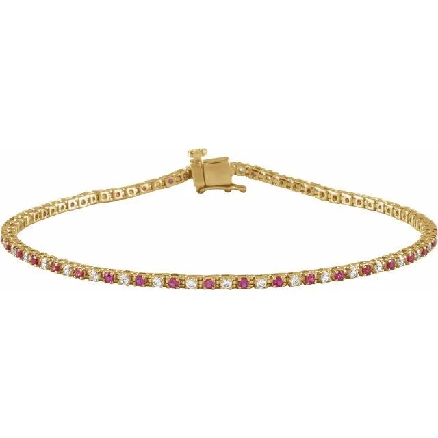 Round Natural Ruby & Natural Diamond Line Bracelet In Gold & Platinum - 18k Yellow Gold / 3.22 Carat / Lab-Grown-AAA: the shop's own photo