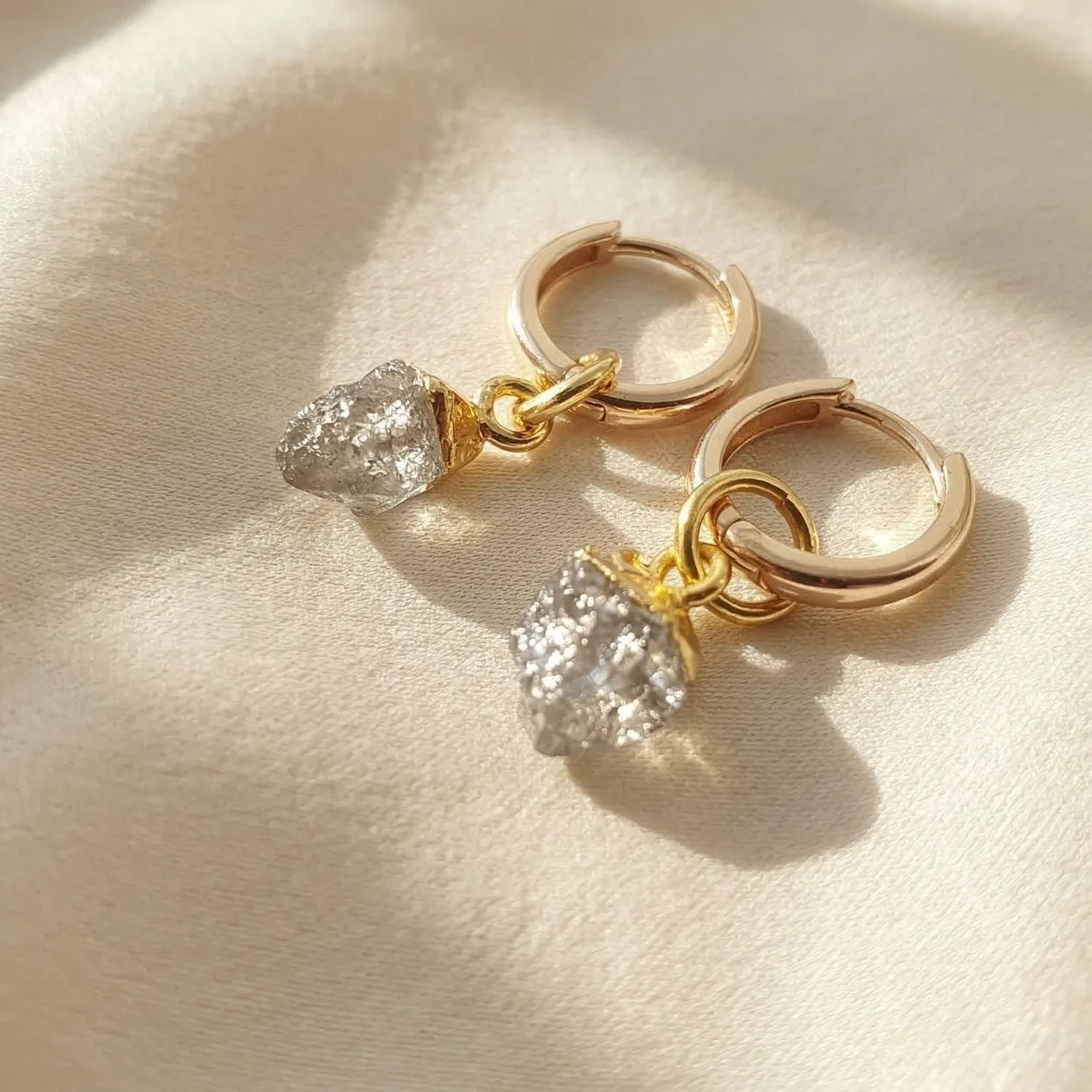 Raw Herkimer Diamond Quartz April Birthstone Gold Plated Huggies: the shop's own photo