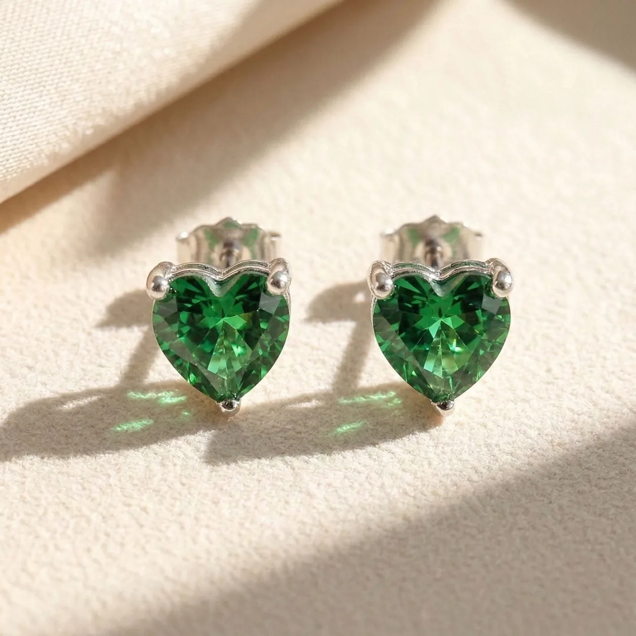 Emerald May Birthstone Heart Sterling Silver Stud Earrings: the shop's own photo