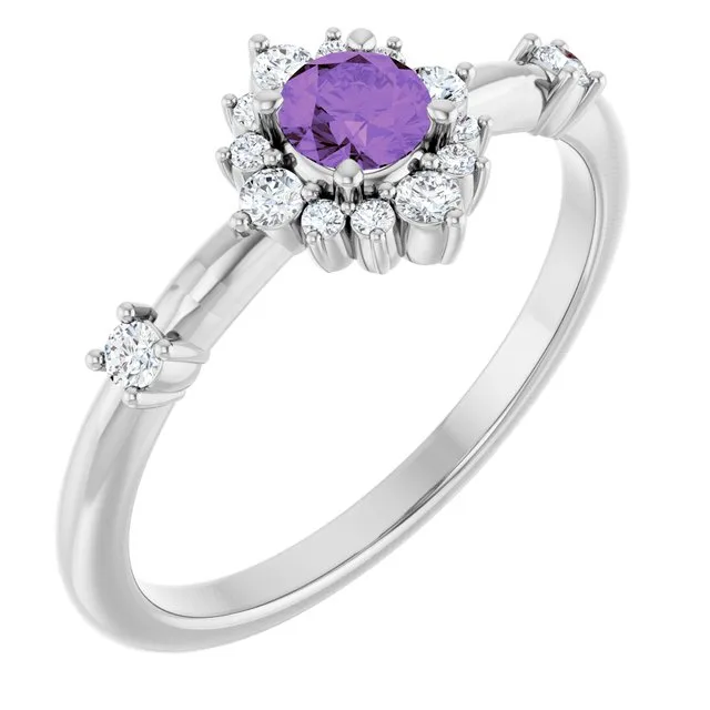 Round Amethyst Halo Ring with Diamond Accents in Platinum - 18k Yellow Gold / 2.60 Carat / Lab-Grown-AAA: the shop's own photo