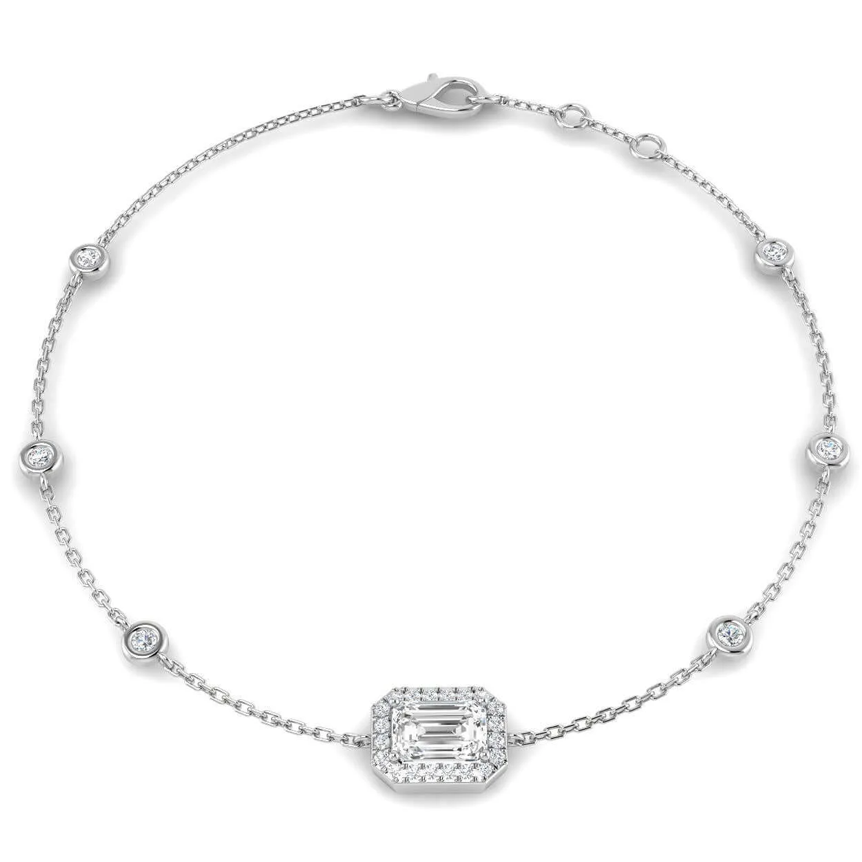 9K Yellow Gold Natural Emerald Cut Diamond Halo Station Bracelet with Adjustable Chain - 18k White Gold / 0.95 Carat / Natural Diamond: the shop's own photo