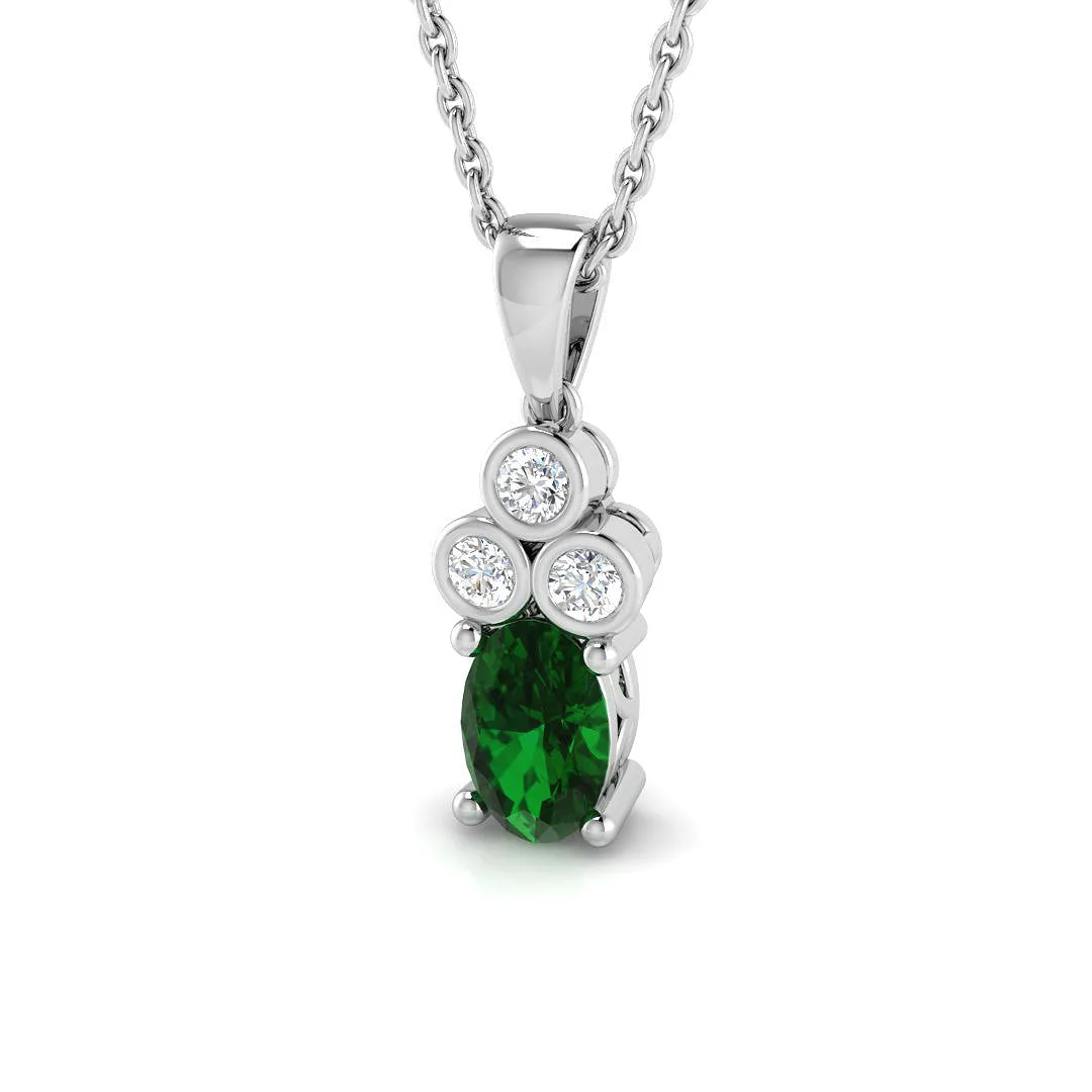 Oval Emerald Pendant Necklace with Diamond Trilogy Accent - Prong Set - 9k White Gold / 0.75 Carat / Natural Diamond(F/SI): the shop's own photo