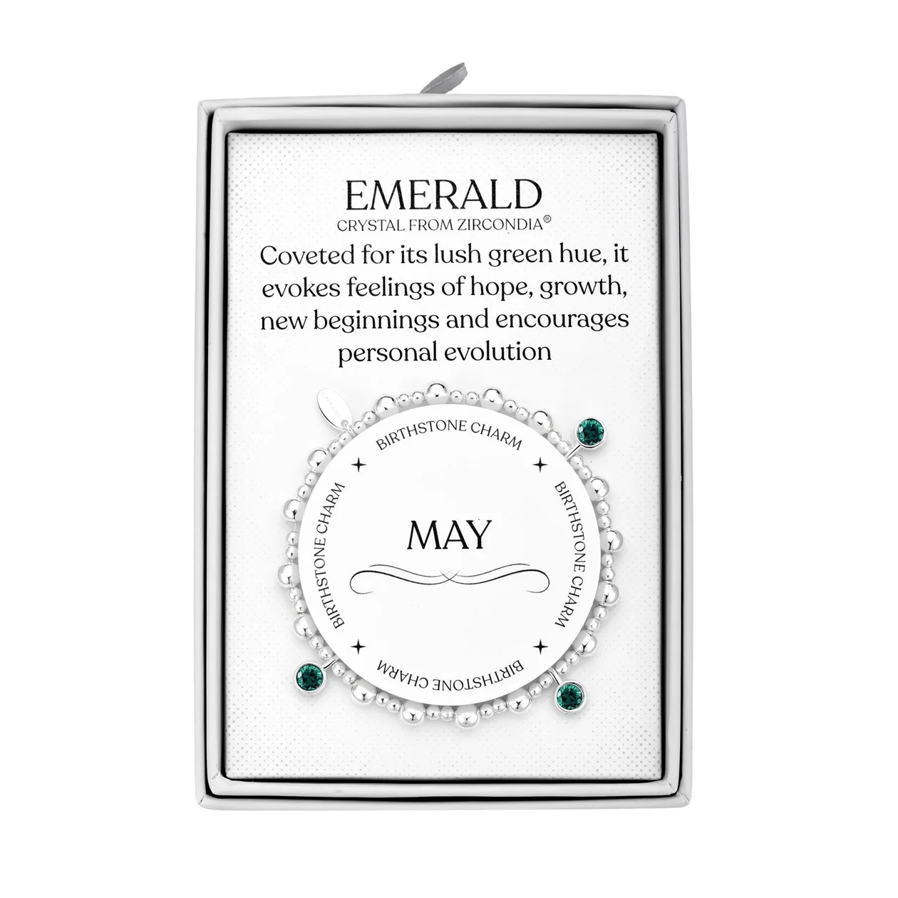 May (Emerald) Birthstone Stretch Charm Bracelet with Quote Gift Box: the shop's own photo