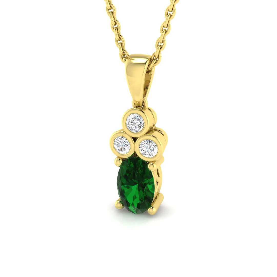 Oval Emerald Pendant Necklace with Diamond Trilogy Accent - Prong Set - 9k Yellow Gold / 0.75 Carat / Natural Diamond(F/SI): the shop's own photo
