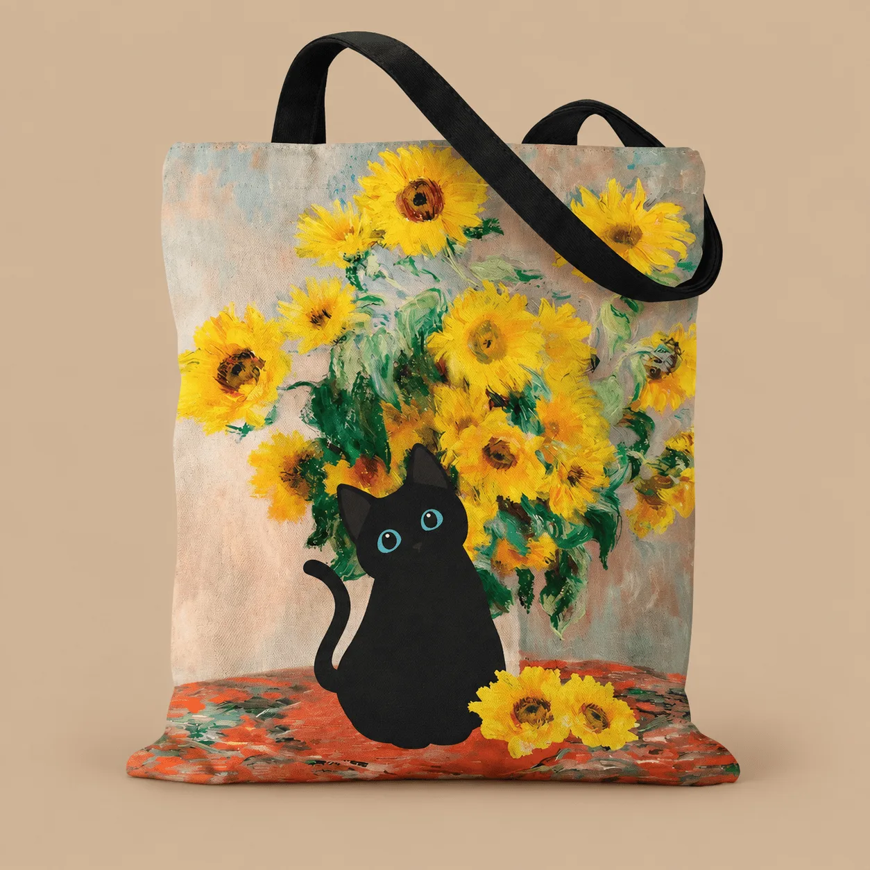 Black Cat and Sunflower Canvas Tote Bag: the shop's own photo