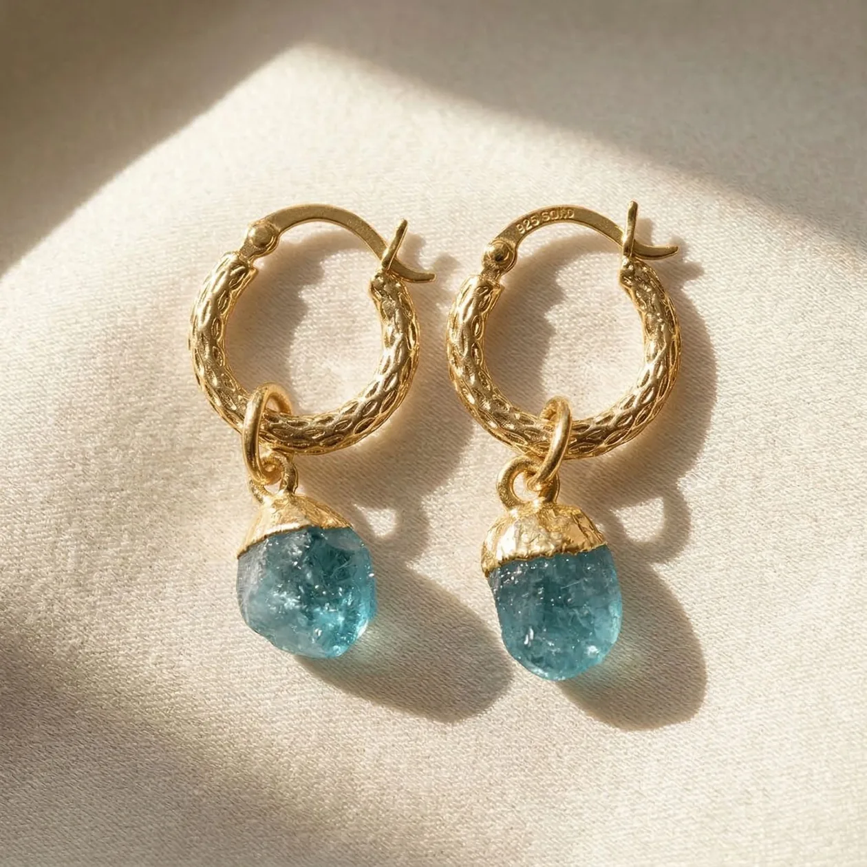 Raw Turquoise December Birthstone Huggie Hoops Gold Plated Gemstone Earrings: the shop's own photo
