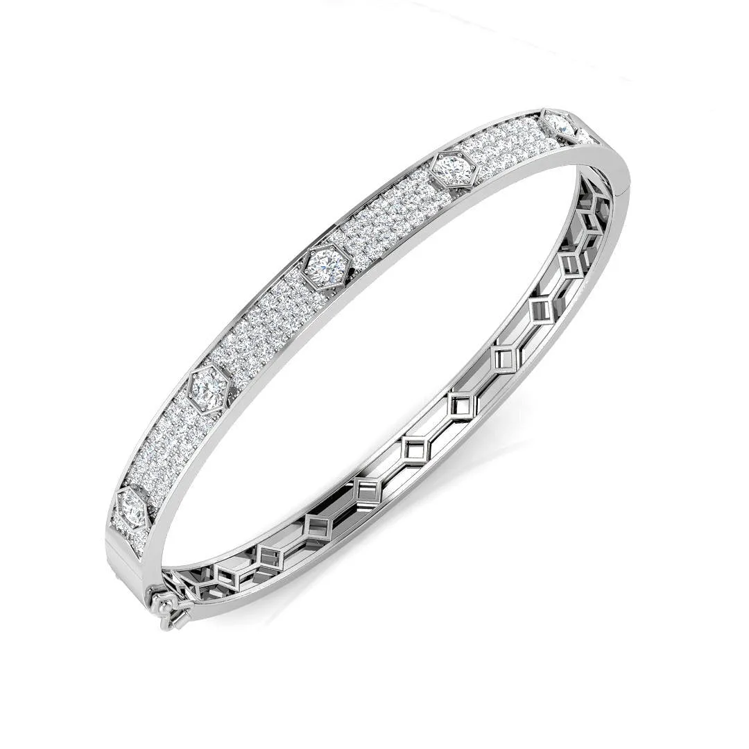 9K Yellow Gold Natural Round Cut Diamond Prong Pave Set Fancy Hinged Bangle with Lock - 18k White Gold / 2.00 Carat / Lab Grown Diamond: the shop's own photo