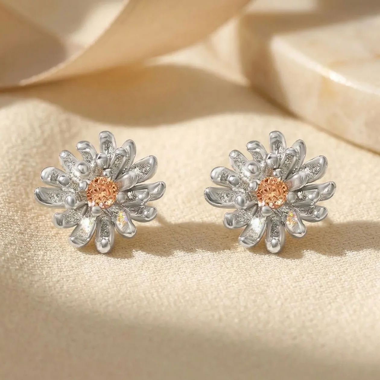 Sterling Silver Citrine November Birthstone Chrysanthemum Birthflower Stud Earrings: the shop's own photo