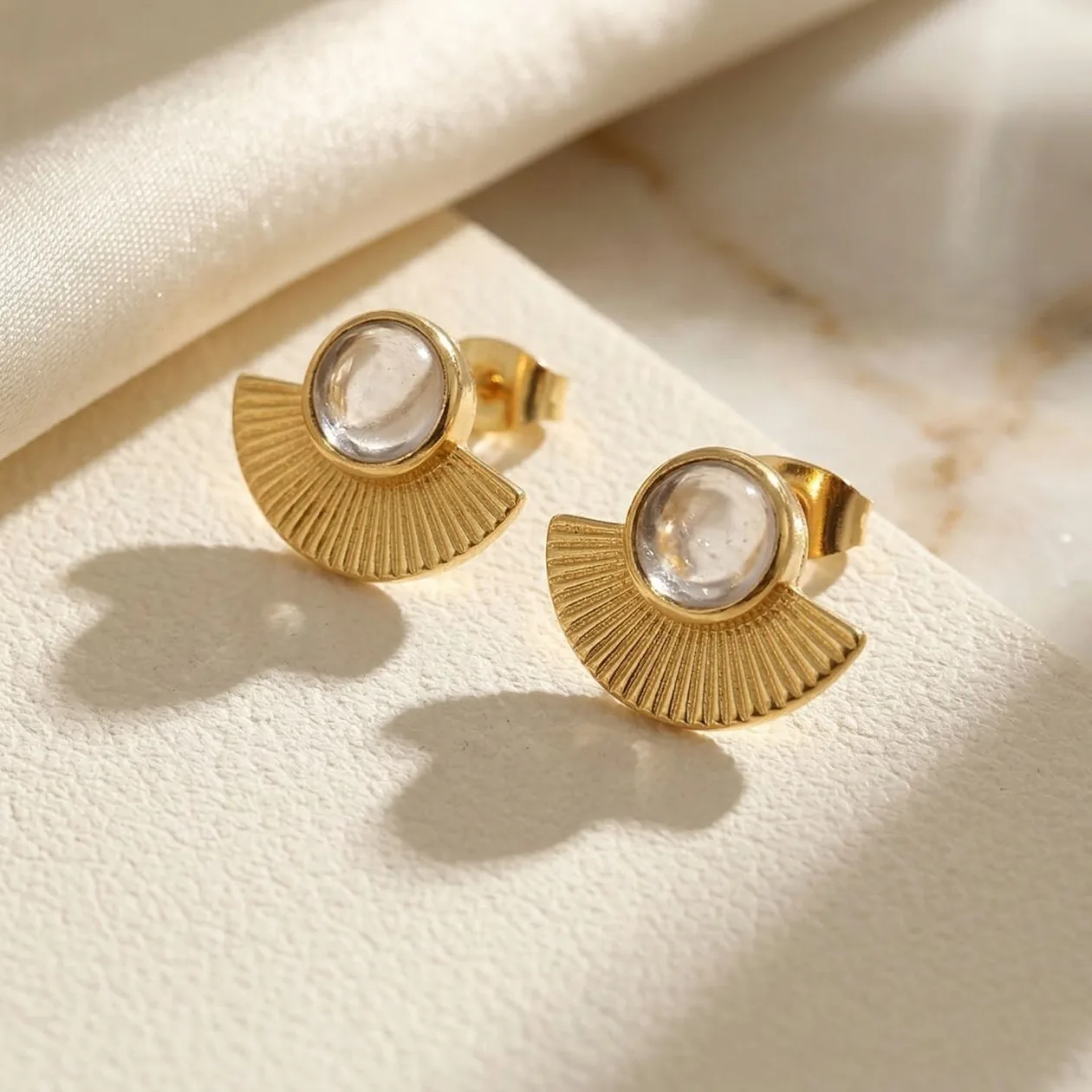 Clear White Topaz Crystal Gold Plated Minimalist Fan Earrings: the shop's own photo