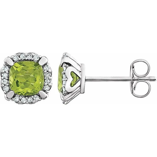Peridot & Diamond Cushion Halo Stud Earrings | 9K White Gold - 0.80 Carat / Lab-Grown-AAA / 9k White Gold: the shop's own photo