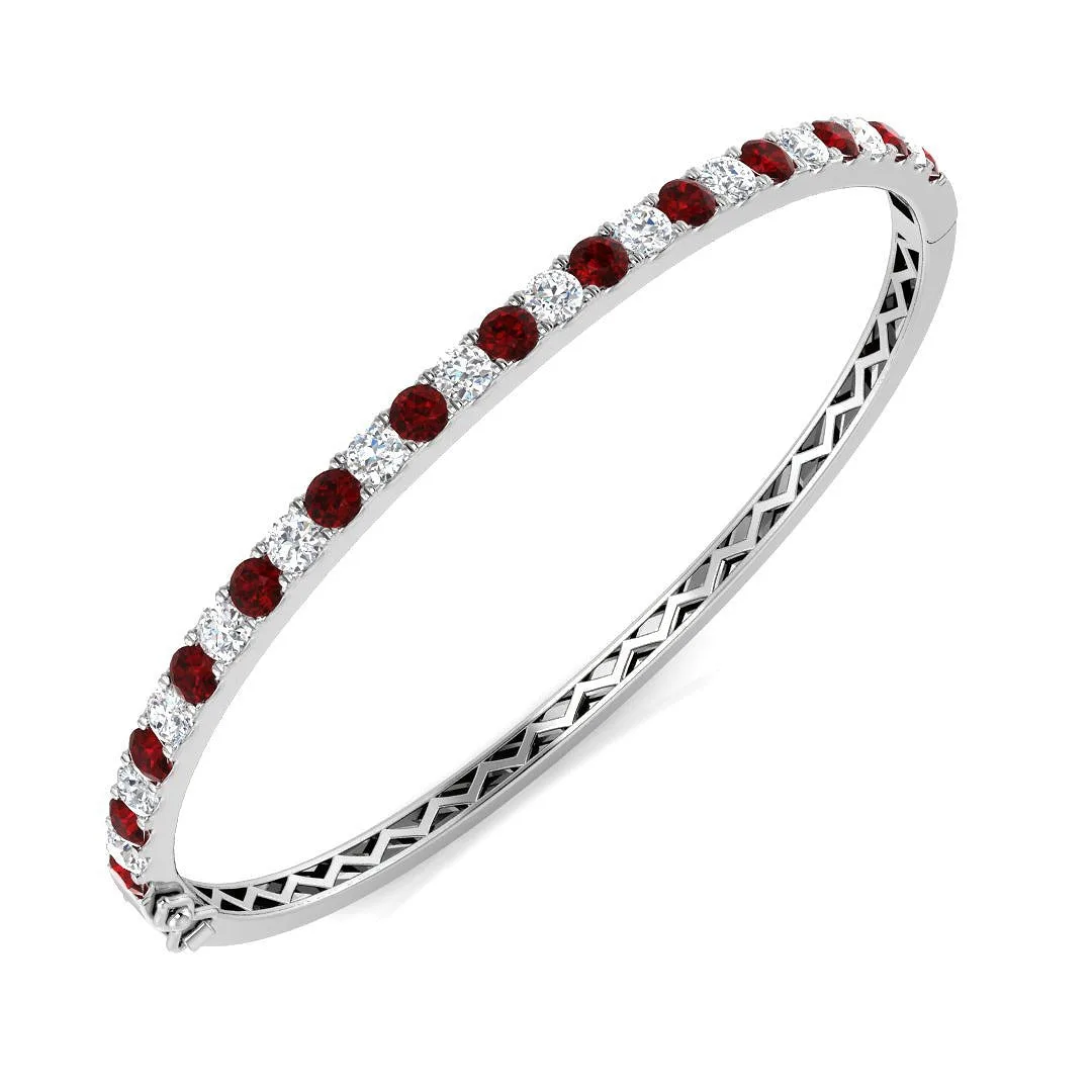 9K Yellow Gold Natural Round Diamond and Ruby Half Eternity Bangle with Hinged Box Clasp - 18k White Gold / 3.45 Carat / Natural Diamond: the shop's own photo