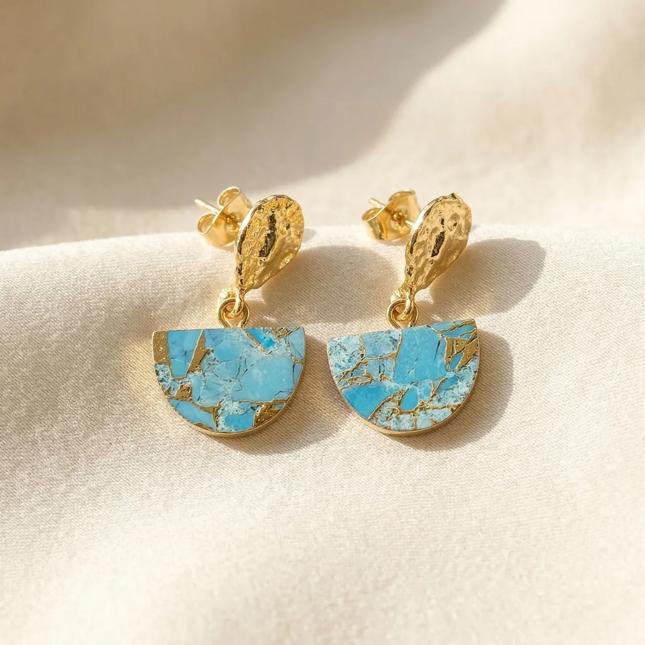 Statement Blue Turquoise December Birthstone Hammered Gold Plated Earrings: the shop's own photo