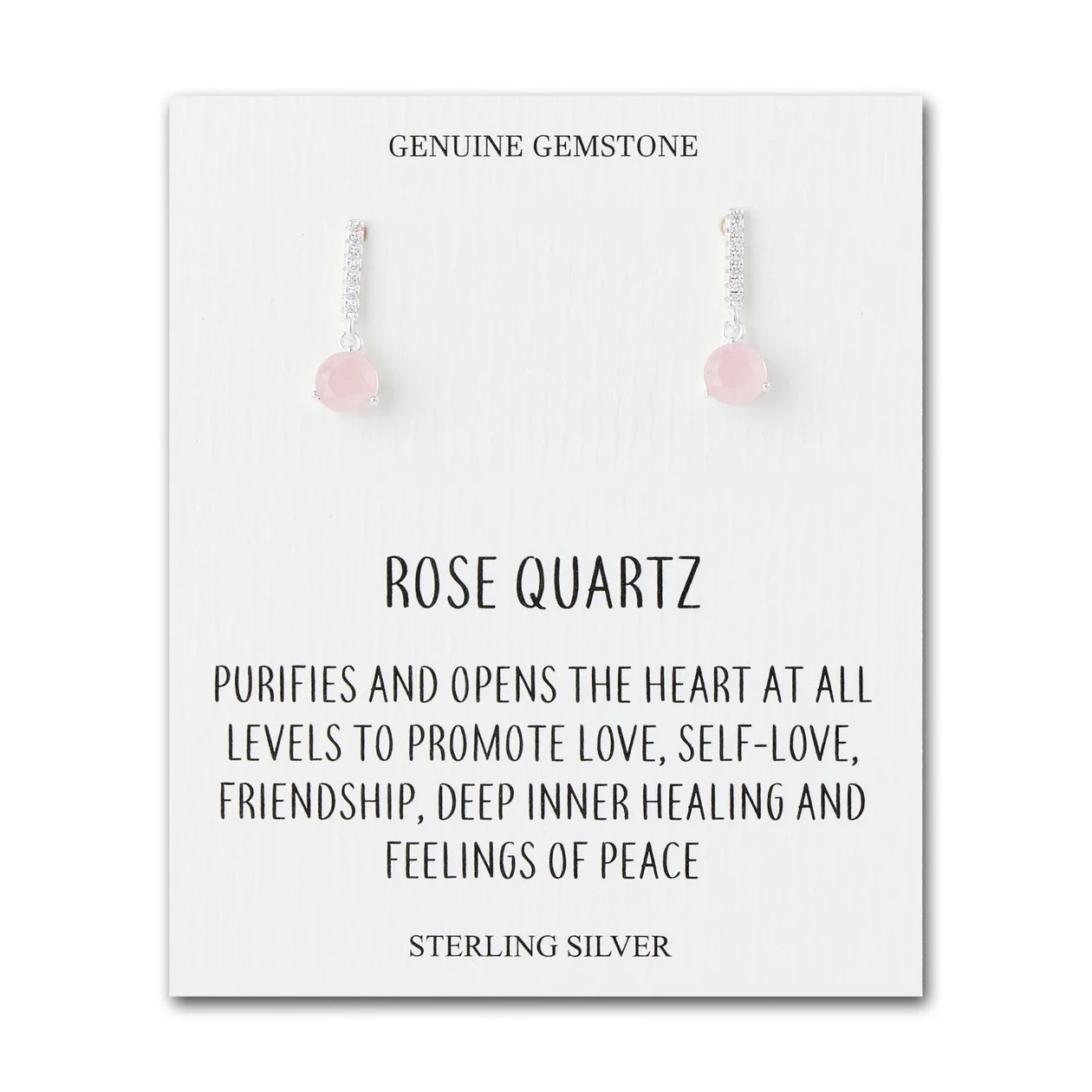 Sterling Silver Rose Quartz Gemstone Drop Earrings with Quote Card: the shop's own photo