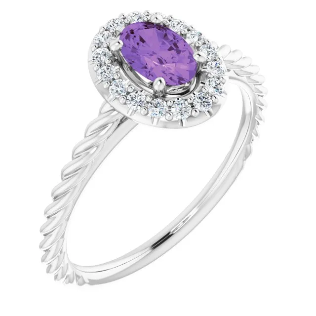 Oval Amethyst Halo Ring with Diamond Accents in Gold and Platinum - 18k Yellow Gold / 1.70 Carat / Lab-Grown-AAA: the shop's own photo