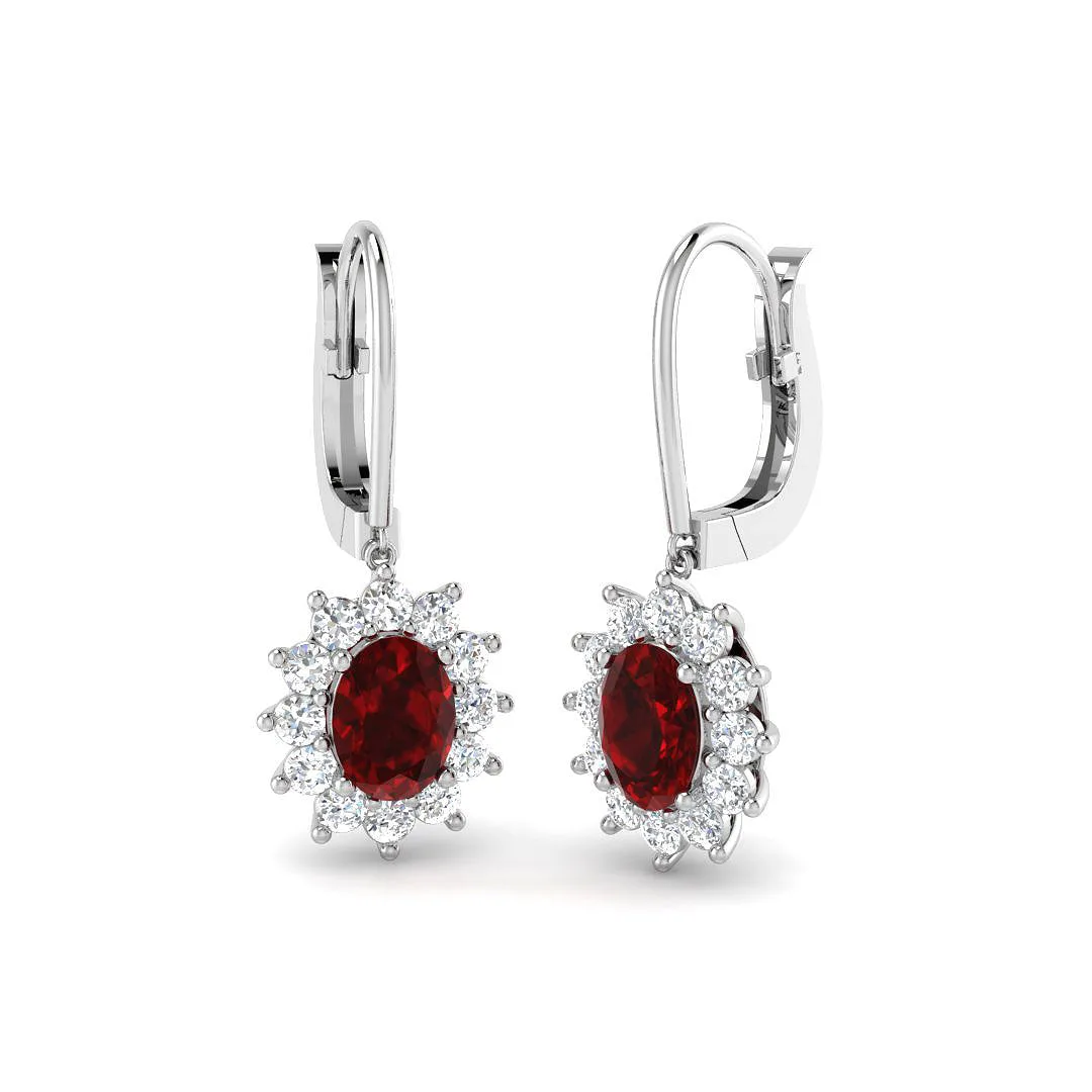 Ruby Halo Cluster Drop Earrings with Lever-Back Closure | 9K White, Yellow & Rose Gold | UK - 9k White Gold / 4.00 Carat / Lab Grown Diamond(D-VVS): the shop's own photo