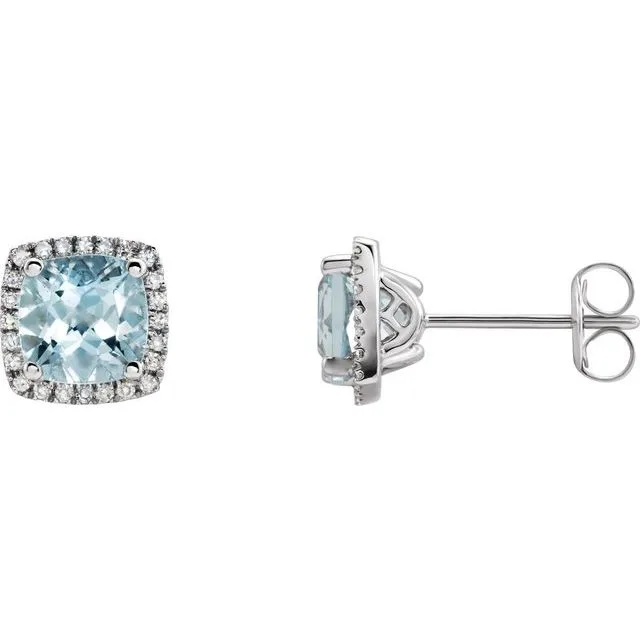 Aquamarine & Diamond Cushion Halo Stud Earrings | 9K White Gold - 9k White Gold / 1.15 Carat / Lab-Grown-AAA: the shop's own photo
