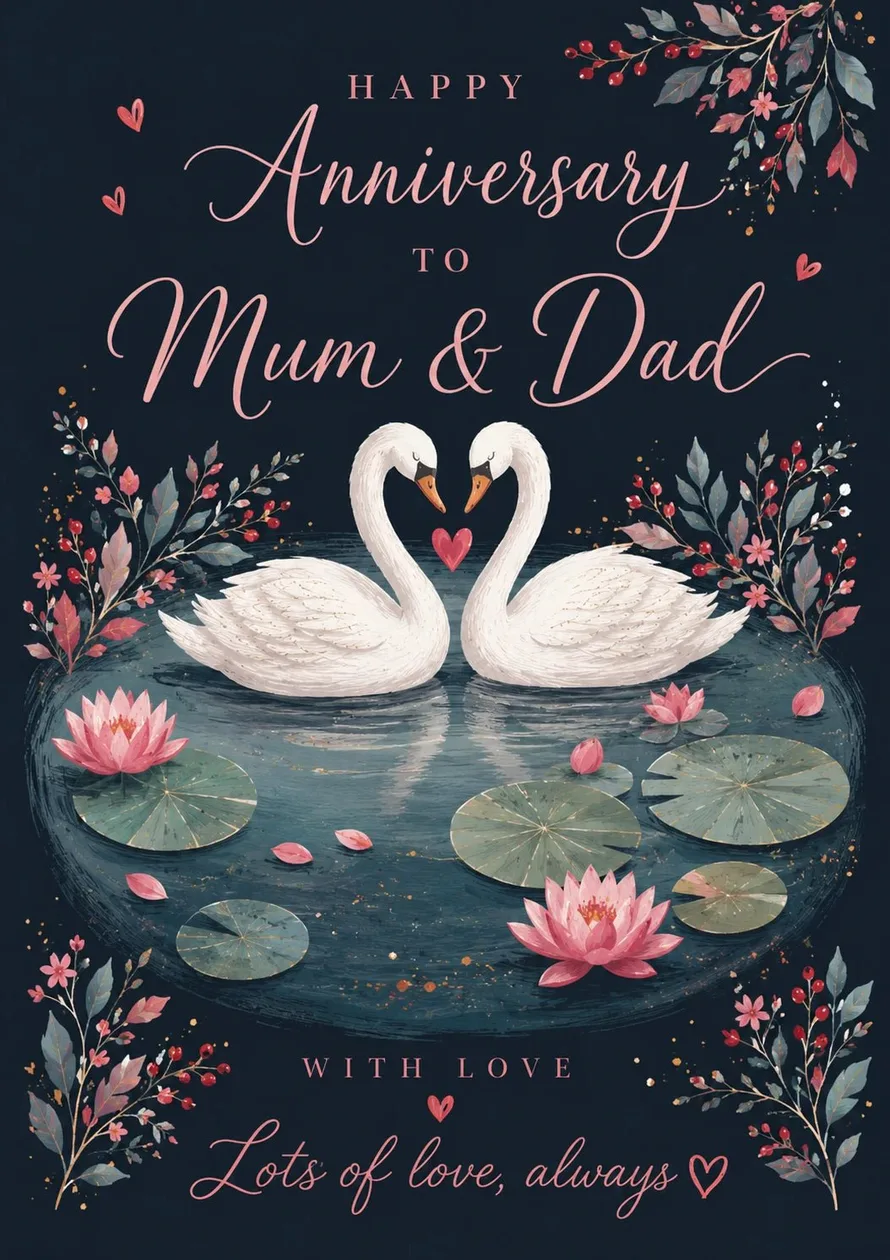 Swan Lake Floral Happy Anniversary Card for Mum & Dad: the shop's own photo