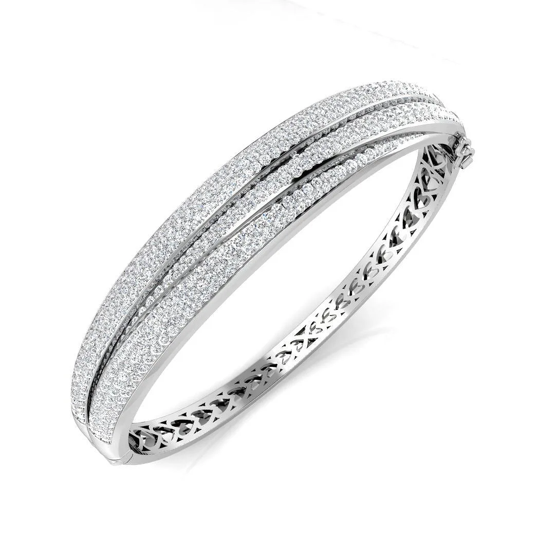 18K White Gold Lab Grown Round Cut Diamond Pave Set Fancy Bangle with Hinged Box Lock - 9k Yellow Gold / 5.00 Carat / Natural Diamond: the shop's own photo