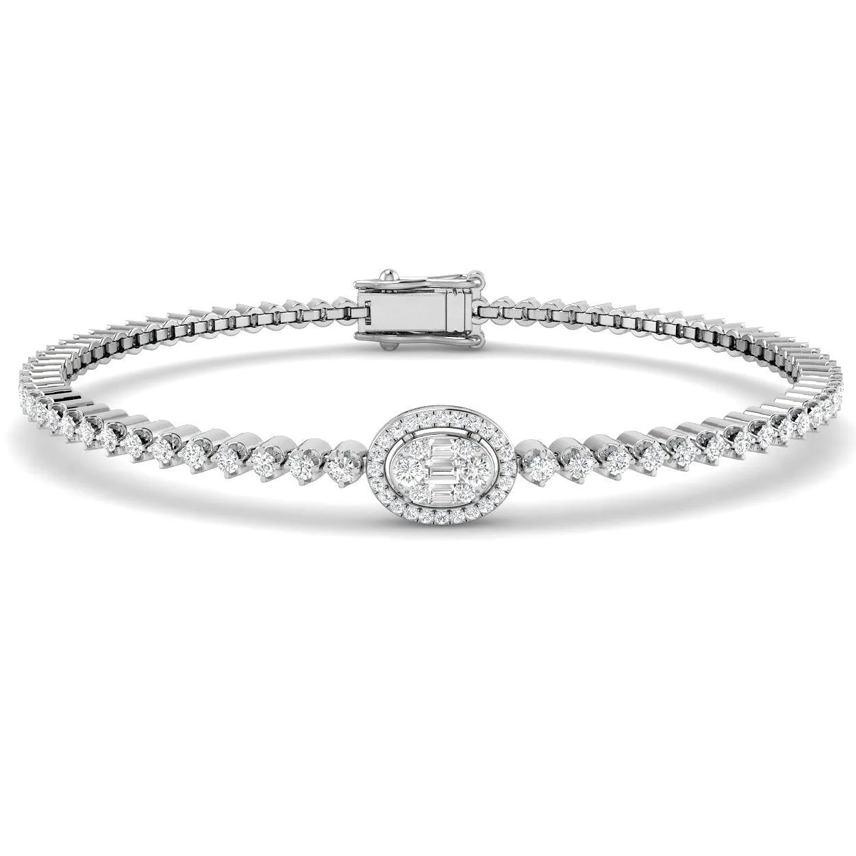 Baguette & Round Diamond Halo Bracelet in 18K White Gold | Lab or Natural - 9k Yellow Gold / 1.15 Carat / Lab Grown Diamond: the shop's own photo