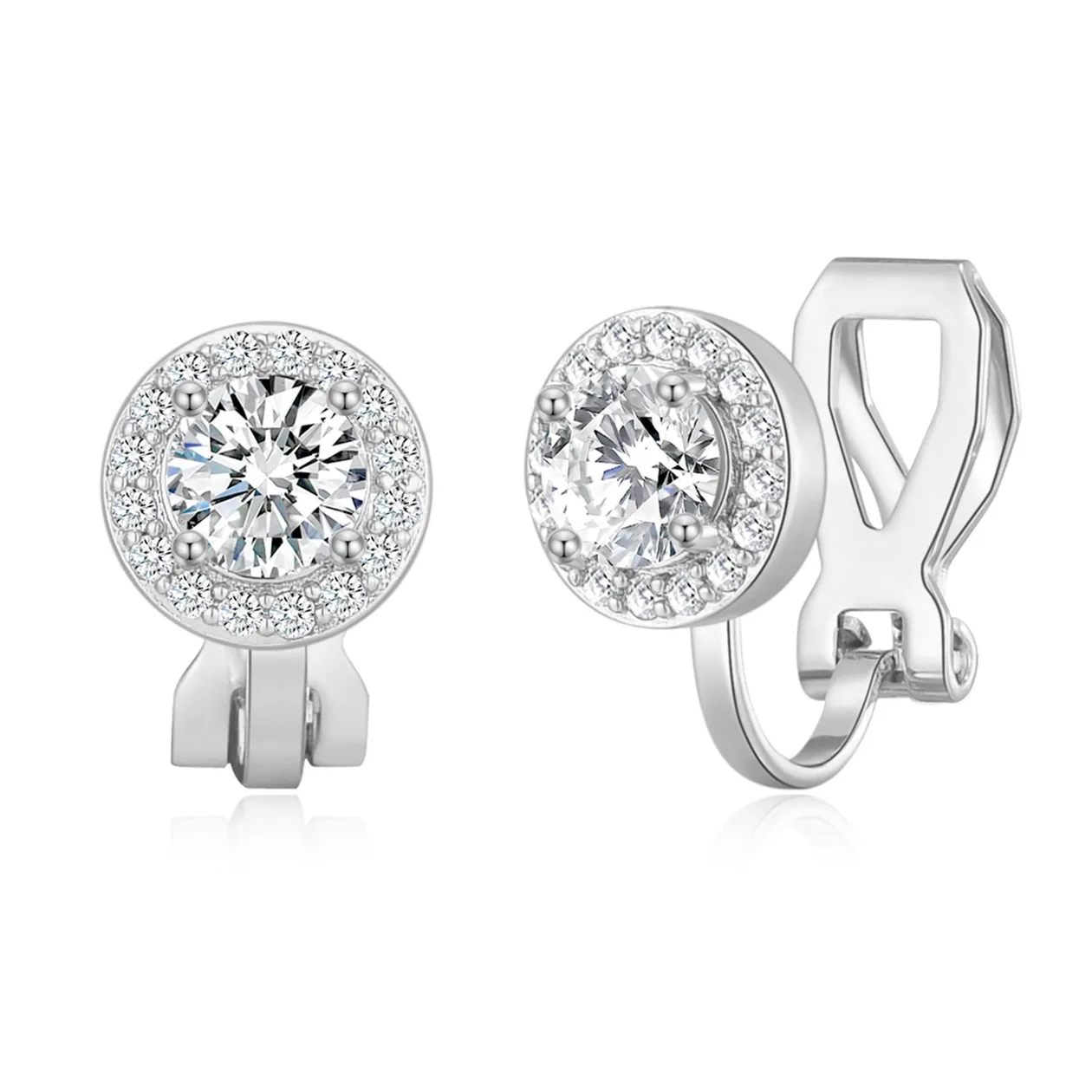 Silver Plated Round Halo Clip On Earrings Created with Zircondia® Crystals: the shop's own photo