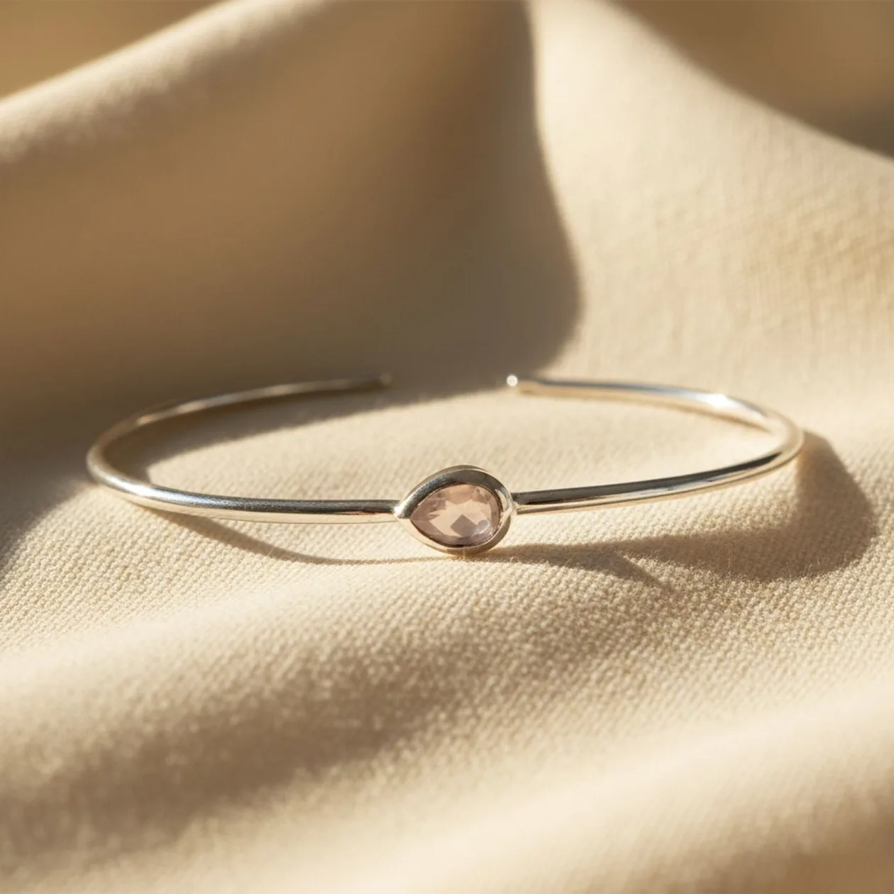 Minimalist Sterling Silver Rose Quartz October Birthstone Bangle Bracelet: the shop's own photo