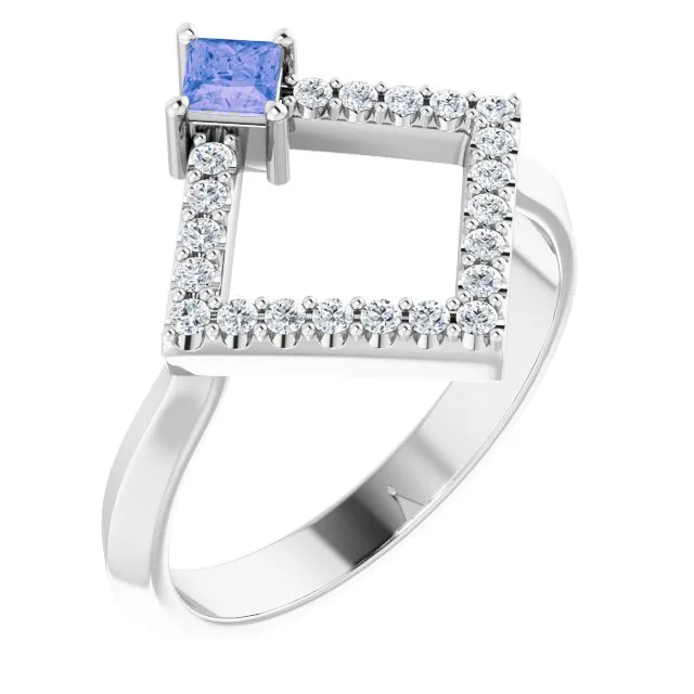 Square Tanzanite Accented Ring with Diamond Accents in White Gold - 18k Yellow Gold / 2.50 Carat / Lab-Grown-AAA: the shop's own photo