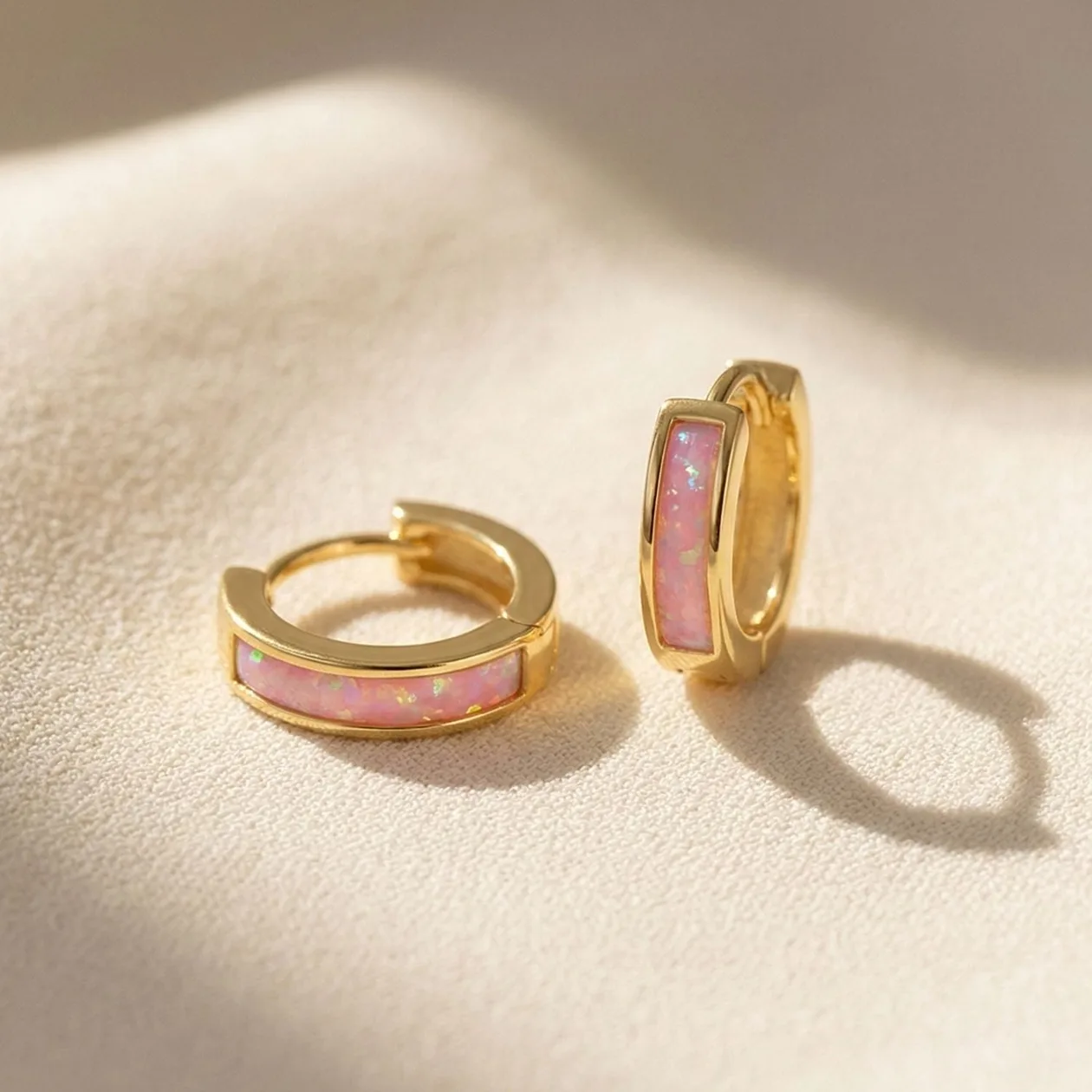 Pink Opal Inlay Huggie Hoop Gold Plated Earrings: the shop's own photo