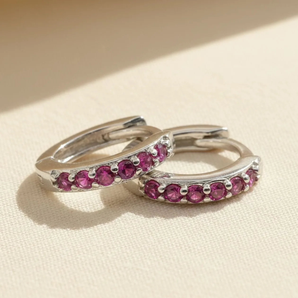 Ruby July Birthstone Small Huggie Hoop Silver Earrings: the shop's own photo