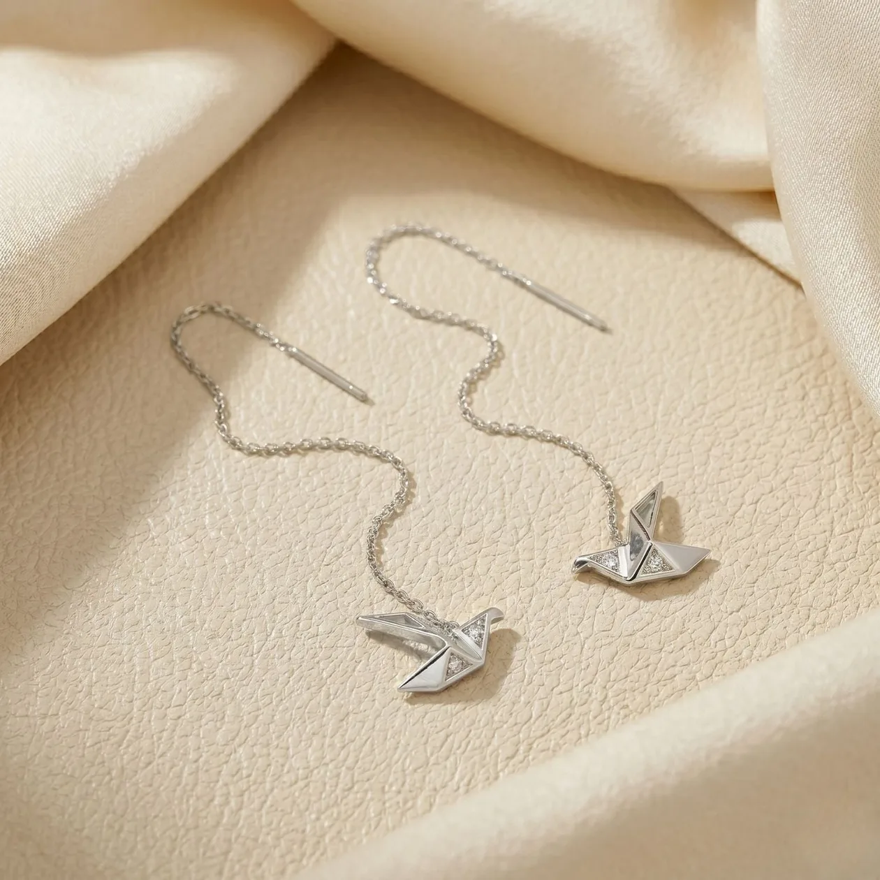 Sterling Silver Origami Crane Japanese Threader Earrings: the shop's own photo