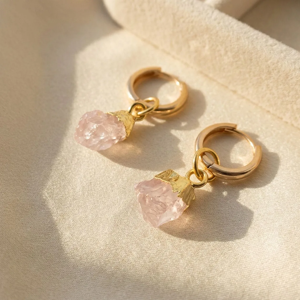 Raw Rose Quartz October Birthstone Gold Plated Huggies: the shop's own photo