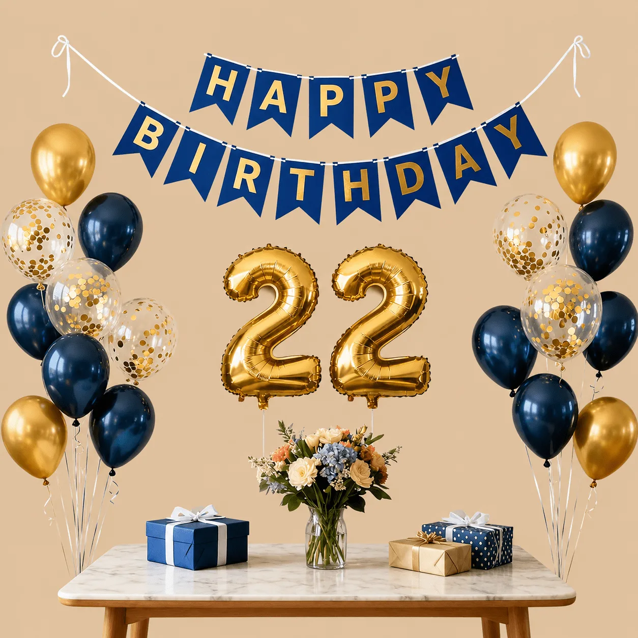 22nd Birthday Navy Blue & Gold Balloon Set: the shop's own photo