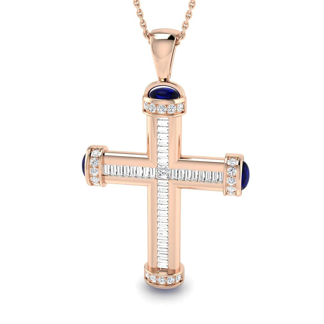 Blue Sapphire Accent Baguette Diamond Cross Necklace - 18k Rose Gold / 2.00 Carat / Lab DF/VVS: the shop's own photo
