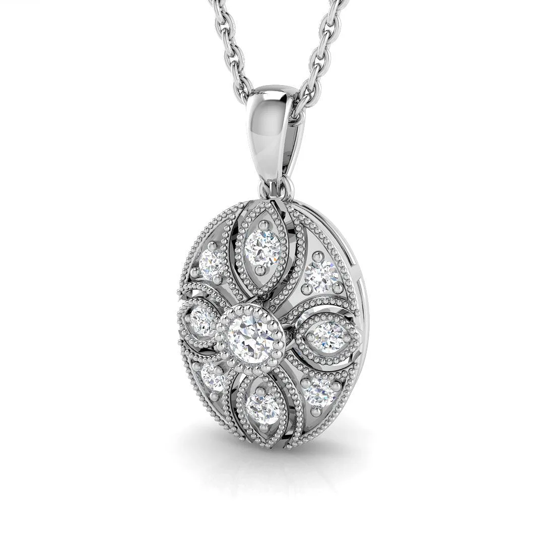 Vintage Round Diamond Oval Pendant With Floral Design Without Chain - 9k White Gold / 0.20 Carat / Natural Diamond(F/SI): the shop's own photo