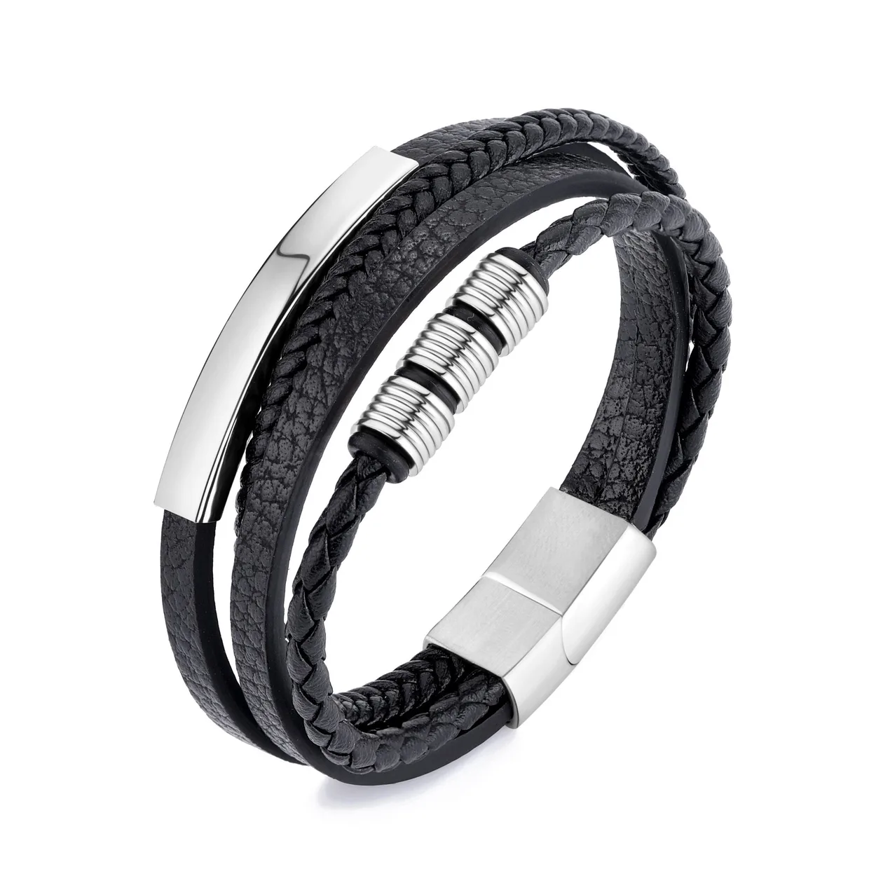 Men's Steel Genuine Black Leather Double Braided Bracelet: the shop's own photo