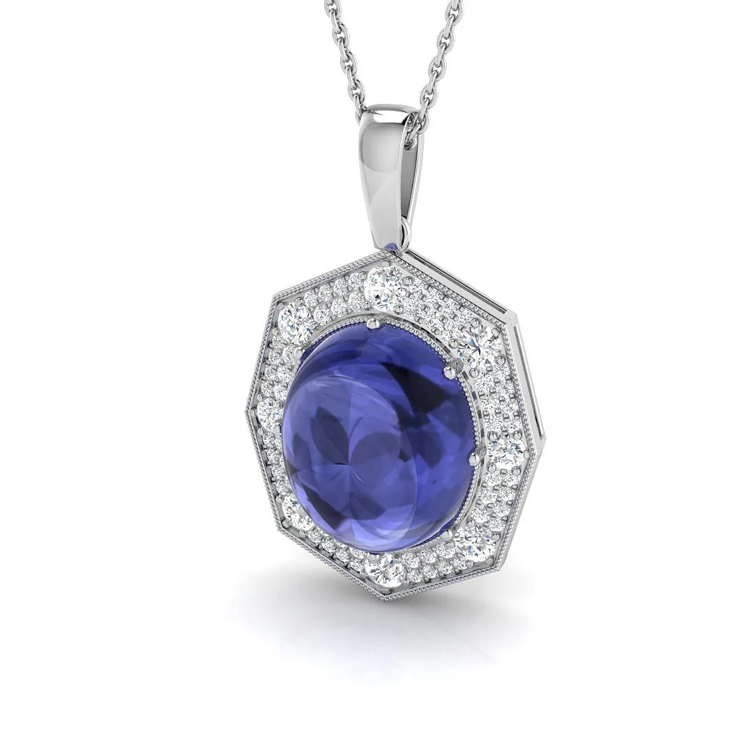 Oval Cabochon Tanzanite Halo Pendant | Vintage Pendant Without Chain - 9k White Gold / Natural Diamond(F/SI) / 8.00 Carat: the shop's own photo