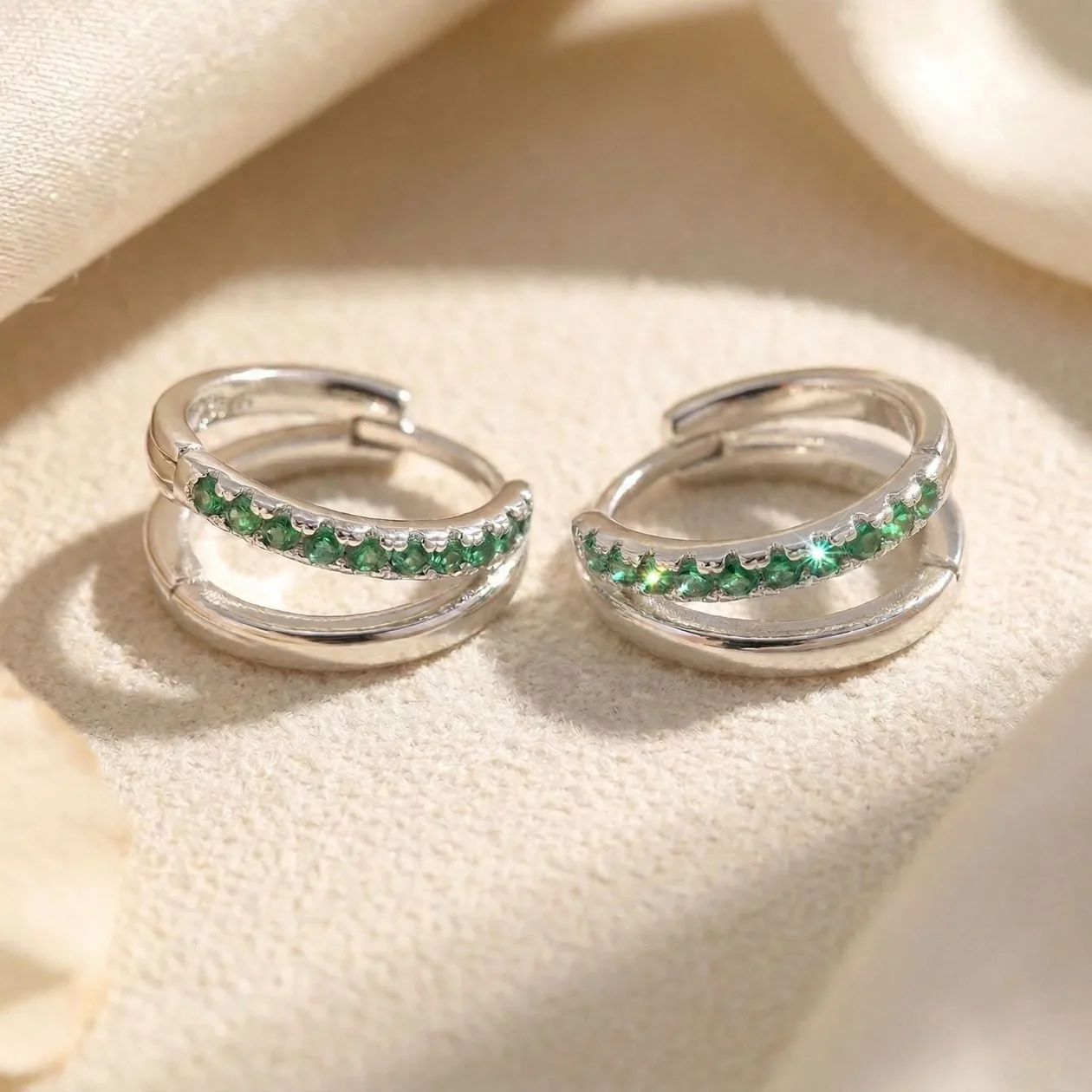 Emerald May Birthstone Double Hoop Small Huggie Sterling Silver Earrings: the shop's own photo