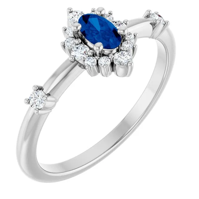 Oval Blue Sapphire Halo Ring with Diamond Accents in White Gold - 18k Yellow Gold / 1.70 Carat / Lab-Grown-AAA: the shop's own photo