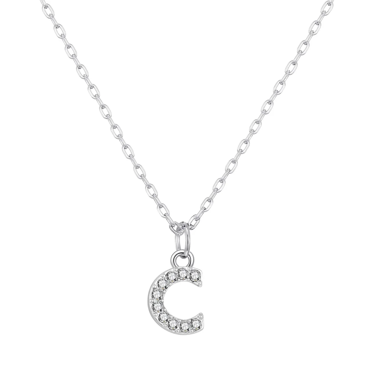 Customisable Silver Plated Pave Initial Necklace (A-Z) with Option of Birthstone Charm - C: the shop's own photo