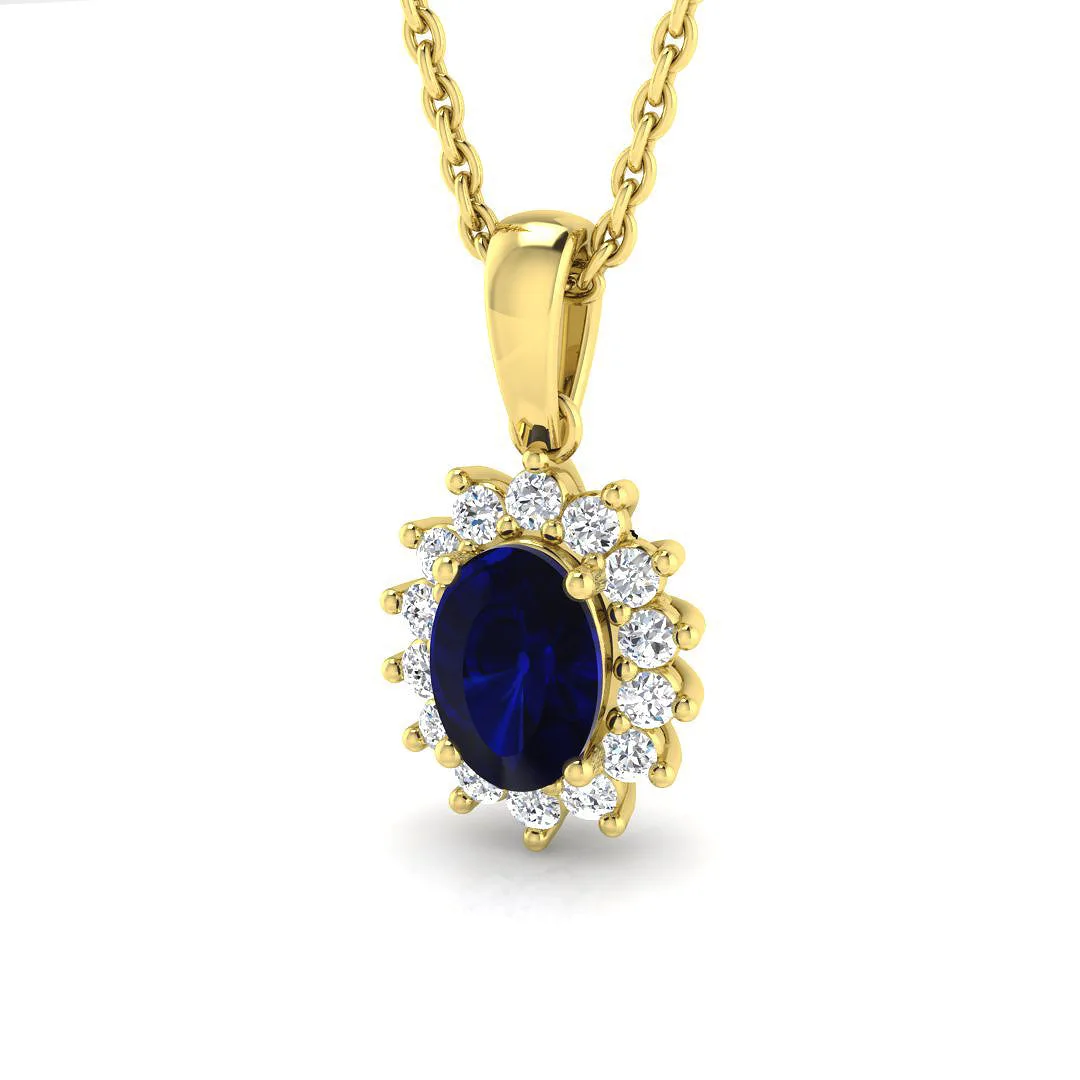 Oval Blue Sapphire Pendant Necklace | Diamond Halo Cluster Design - 9k Yellow Gold / 2.50 Carat / Lab Grown Diamond (D/VVS): the shop's own photo