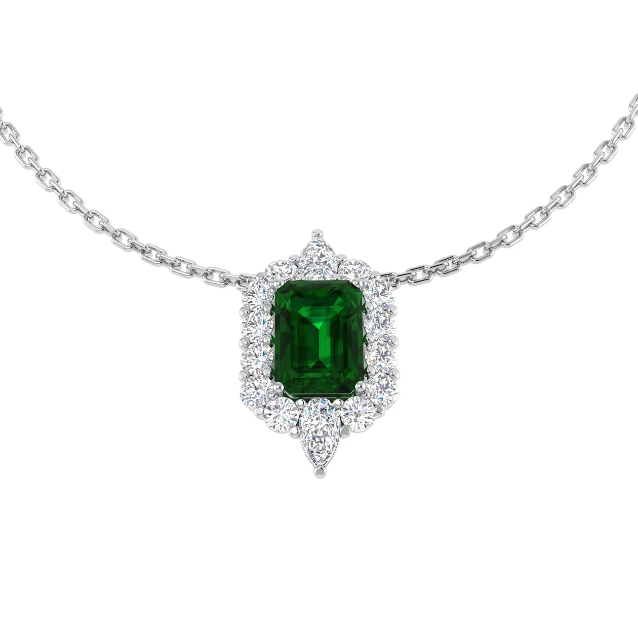 Emerald Pendant Halo Necklace with Diamond Cluster Design - UK Made - 18k White Gold / 1.75 Carat / Natural Diamond(F/SI): the shop's own photo