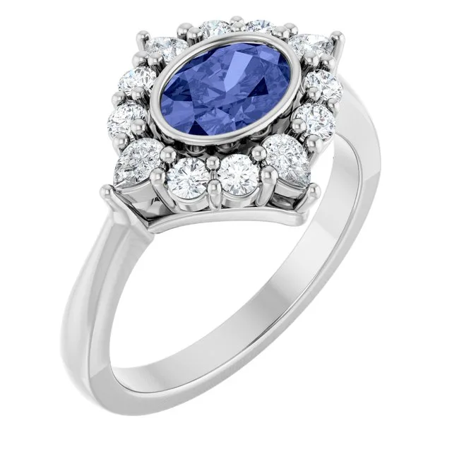 Oval Tanzanite Halo Ring with Diamond Accents in Platinum - 18k Yellow Gold / 5.40 Carat / Lab-Grown-AAA: the shop's own photo