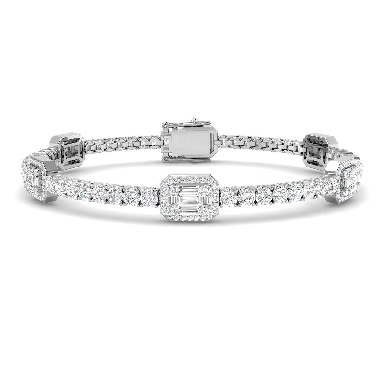 Emerald Style Round & Baguette Diamond Halo Bracelet | Prong Set | Box Clasp - 18k Yellow Gold / Lab Grown Diamond: the shop's own photo