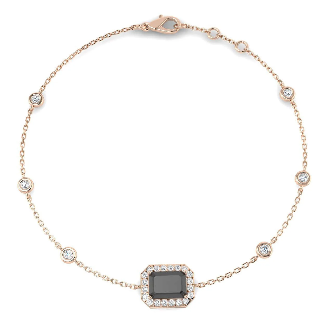 Solitaire Emerald Cut Black Stone with Natural Diamond Halo Chain Bracelet in Platinum - 18k Yellow Gold / 1.70 Carat / Natural Diamond: the shop's own photo