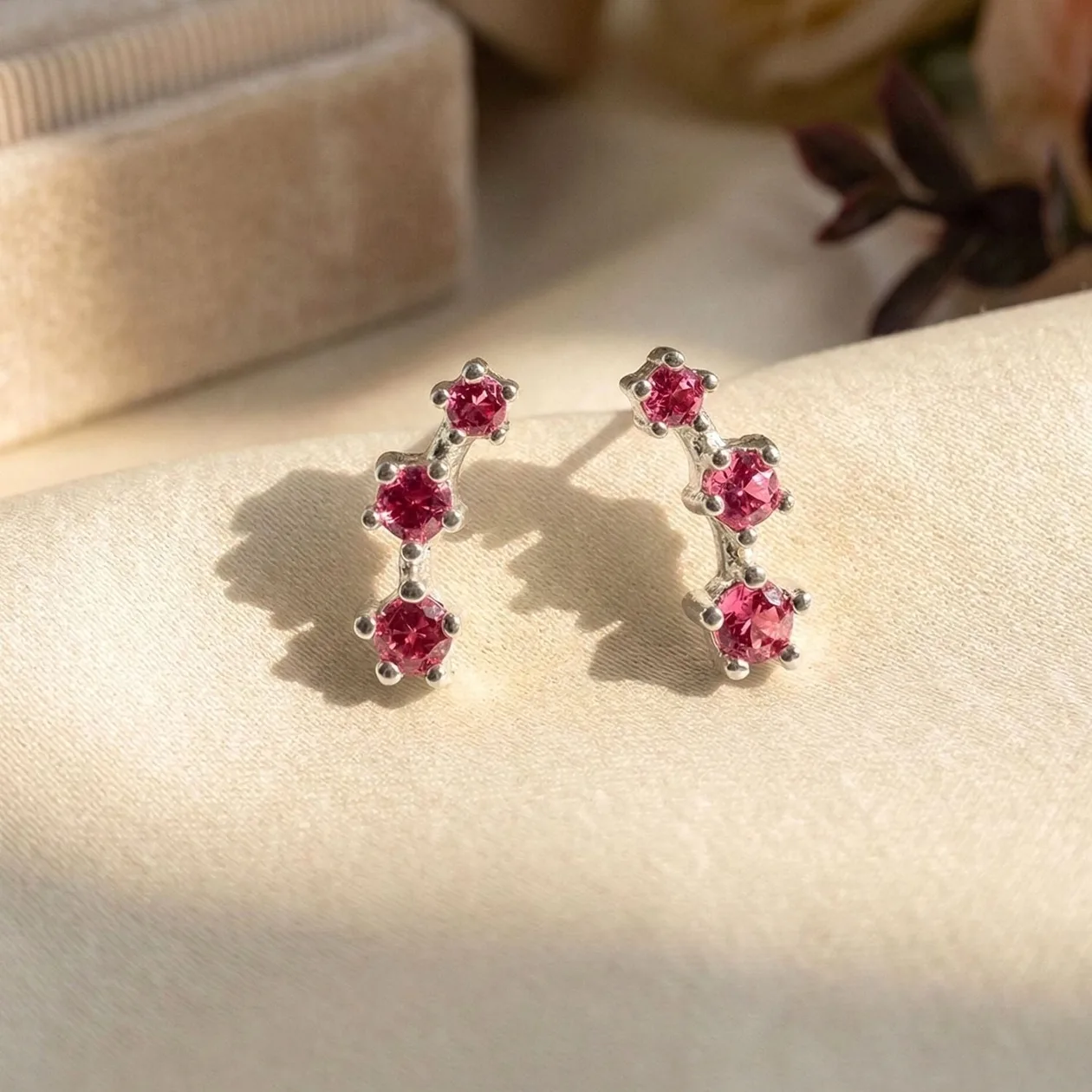 Minimalist Ruby July Birthstone Climber Silver Earrings: the shop's own photo