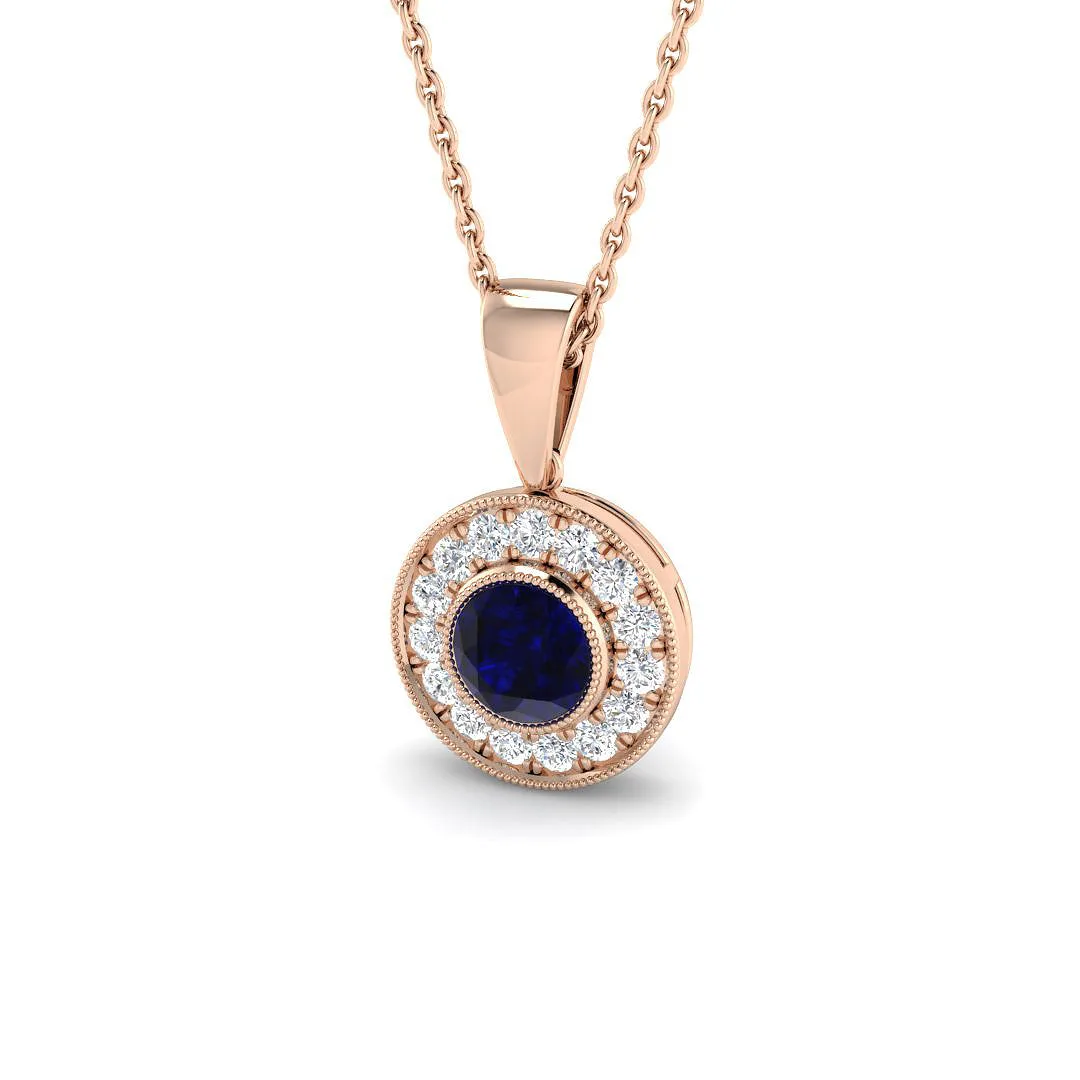 Vintage Blue Sapphire Pendant Necklace with Diamond Halo - UK Made - 9k Rose Gold / 0.75 Carat / Natural Diamond(F/SI): the shop's own photo
